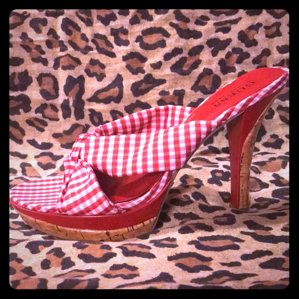 Guess red gingham open toe heels